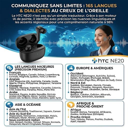 HTC NE20 : LE MONDE ENTIER DANS VOTRE POCHE, +135 LANGUES DANS VOTRE OREILLE